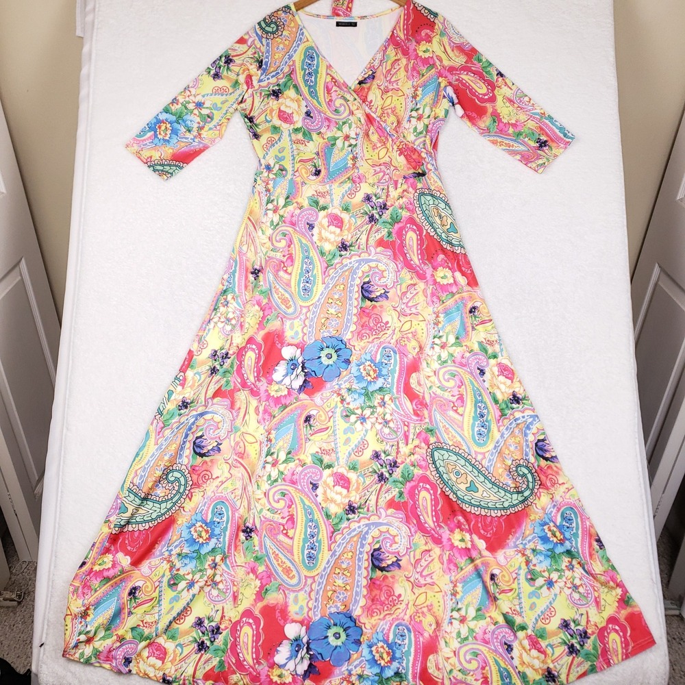 Miholl Womens XL Maxi Dress Paisley Floral Multi Color V-Neck 3/4 Sleeve Boho